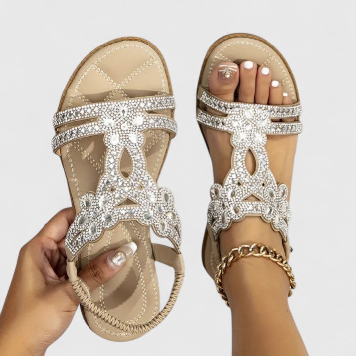 Rhinestone Flat Sandals Women's Turquoise Flower Embellished Elastic Strap – Summer, Casual