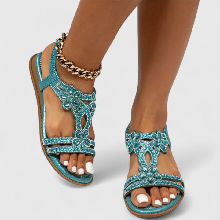 Rhinestone Flat Sandals Women's Turquoise Flower Embellished Elastic Strap – Summer, Casual