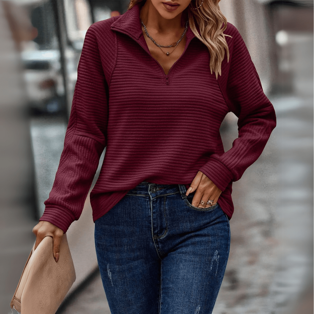 Ribbed Half-Zip Pullover Women's Pink Textured Sweatshirt – Casual, Office, Everyday, Gift