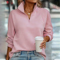 Ribbed Half-Zip Pullover Women's Pink Textured Sweatshirt – Casual, Office, Everyday, Gift