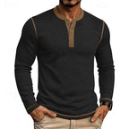 Ribbed Henley Shirt Men's Long Sleeve Light Blue Contrast Button Top – Casual, Office