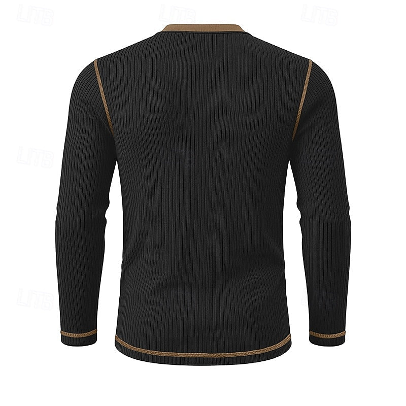Ribbed Henley Shirt Men's Long Sleeve Light Blue Contrast Button Top – Casual, Office