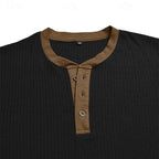 Ribbed Henley Shirt Men's Long Sleeve Light Blue Contrast Button Top – Casual, Office