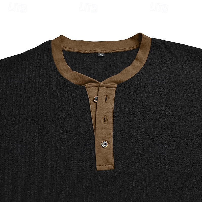 Ribbed Henley Shirt Men's Long Sleeve Light Blue Contrast Button Top – Casual, Office