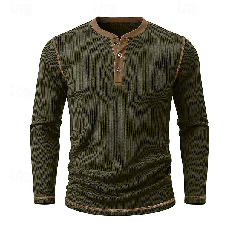 Ribbed Henley Shirt Men's Long Sleeve Light Blue Contrast Button Top – Casual, Office