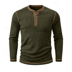 Ribbed Henley Shirt Men's Long Sleeve Light Blue Contrast Button Top – Casual, Office