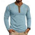 Ribbed Henley Shirt Men's Long Sleeve Light Blue Contrast Button Top – Casual, Office