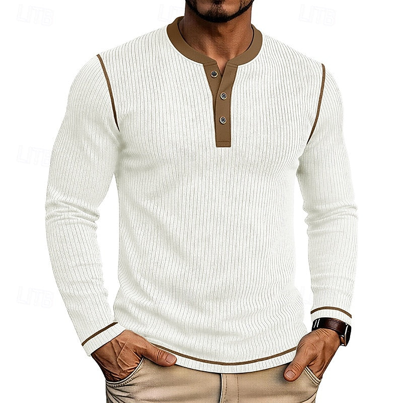 Ribbed Henley Shirt Men's Long Sleeve Light Blue Contrast Button Top – Casual, Office