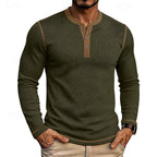 Ribbed Henley Shirt Men's Long Sleeve Light Blue Contrast Button Top – Casual, Office