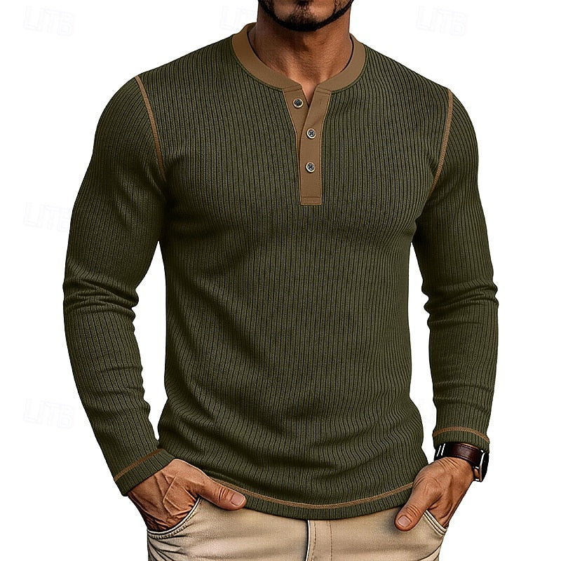 Ribbed Henley Shirt Men's Long Sleeve Light Blue Contrast Button Top – Casual, Office