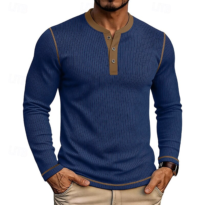 Ribbed Henley Shirt Men's Long Sleeve Light Blue Contrast Button Top – Casual, Office
