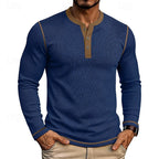 Ribbed Henley Shirt Men's Long Sleeve Light Blue Contrast Button Top – Casual, Office