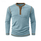 Ribbed Henley Shirt Men's Long Sleeve Light Blue Contrast Button Top – Casual, Office