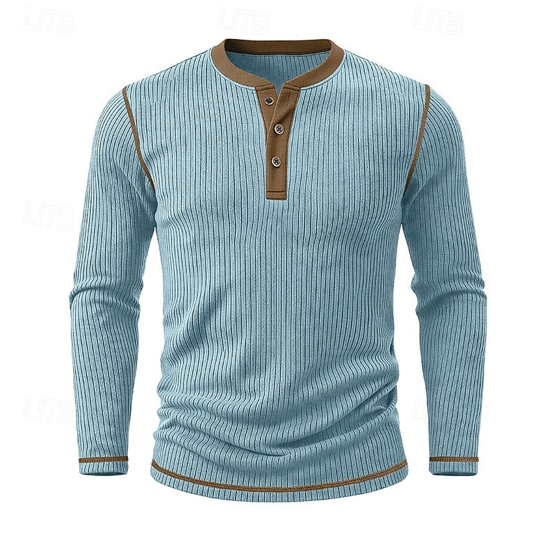 Ribbed Henley Shirt Men's Long Sleeve Light Blue Contrast Button Top – Casual, Office