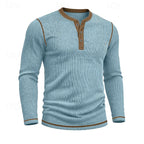 Ribbed Henley Shirt Men's Long Sleeve Light Blue Contrast Button Top – Casual, Office