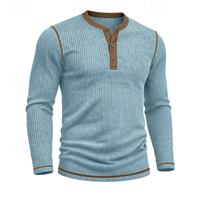 Ribbed Henley Shirt Men's Long Sleeve Light Blue Contrast Button Top – Casual, Office