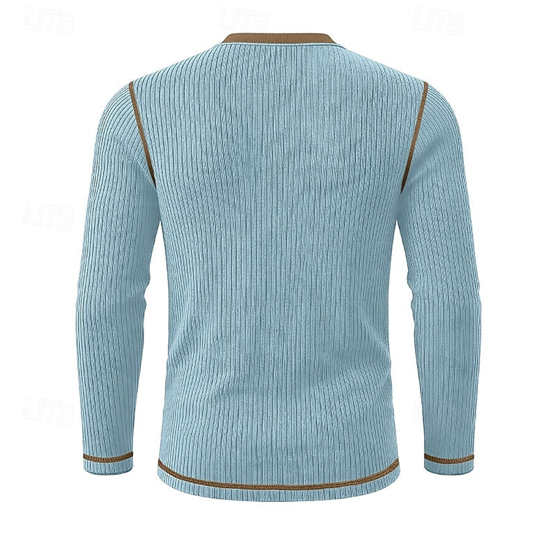 Ribbed Henley Shirt Men's Long Sleeve Light Blue Contrast Button Top – Casual, Office