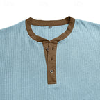 Ribbed Henley Shirt Men's Long Sleeve Light Blue Contrast Button Top – Casual, Office