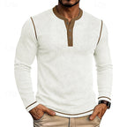 Ribbed Henley Shirt Men's Long Sleeve Light Blue Contrast Button Top – Casual, Office