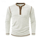 Ribbed Henley Shirt Men's Long Sleeve Light Blue Contrast Button Top – Casual, Office