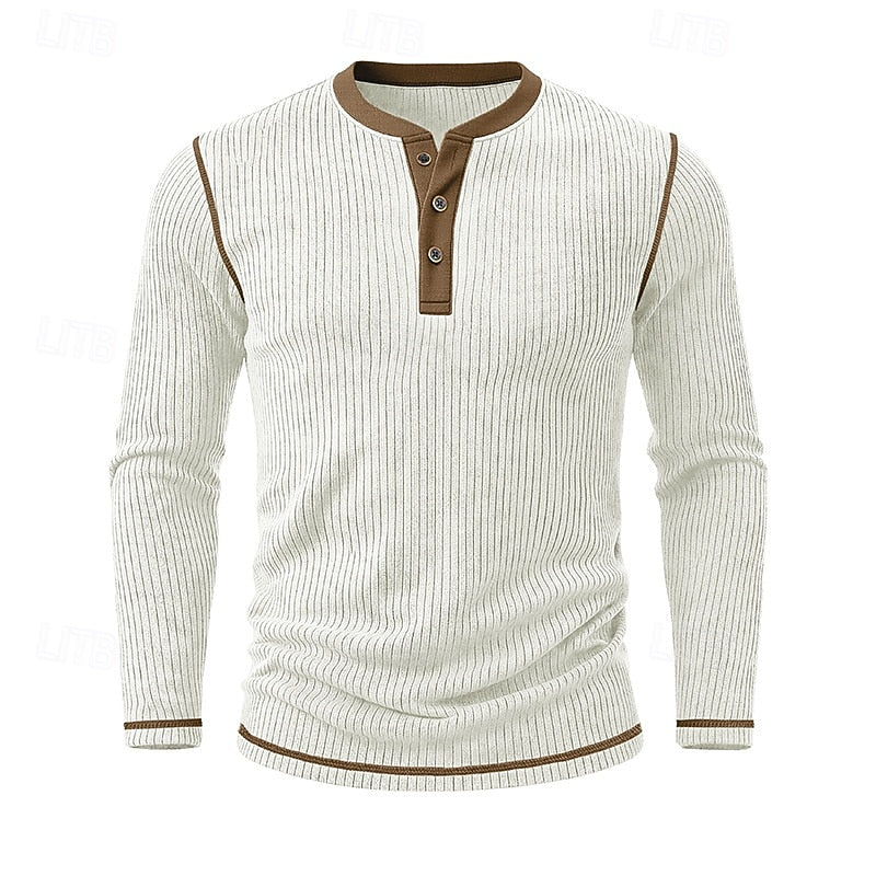 Ribbed Henley Shirt Men's Long Sleeve Light Blue Contrast Button Top – Casual, Office