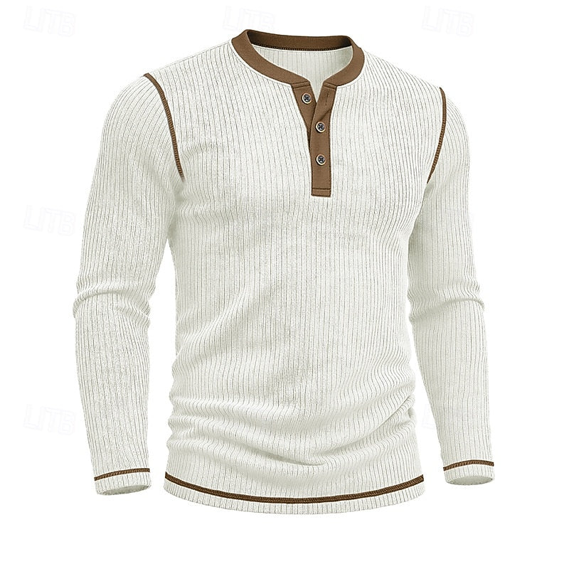 Ribbed Henley Shirt Men's Long Sleeve Light Blue Contrast Button Top – Casual, Office