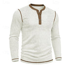 Ribbed Henley Shirt Men's Long Sleeve Light Blue Contrast Button Top – Casual, Office