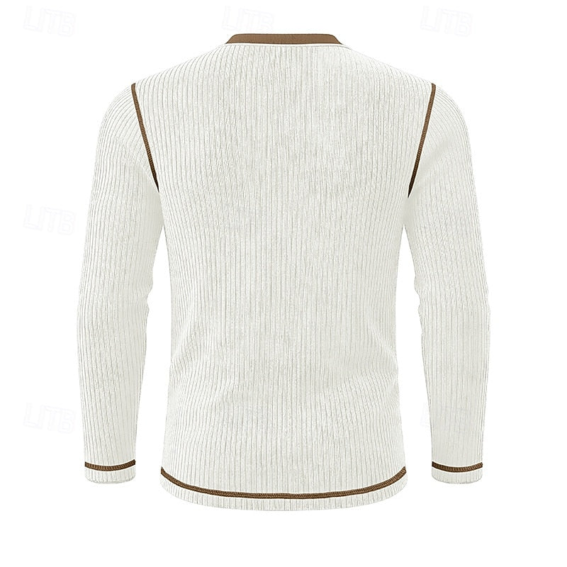 Ribbed Henley Shirt Men's Long Sleeve Light Blue Contrast Button Top – Casual, Office