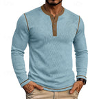 Ribbed Henley Shirt Men's Long Sleeve Light Blue Contrast Button Top – Casual, Office