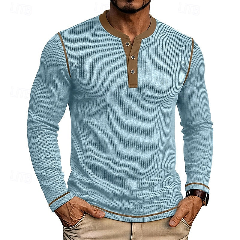 Ribbed Henley Shirt Men's Long Sleeve Light Blue Contrast Button Top – Casual, Office