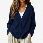 Ribbed Knit Button Cardigan V-Neck Women's Light Blue Relaxed Fit – Casual, Office