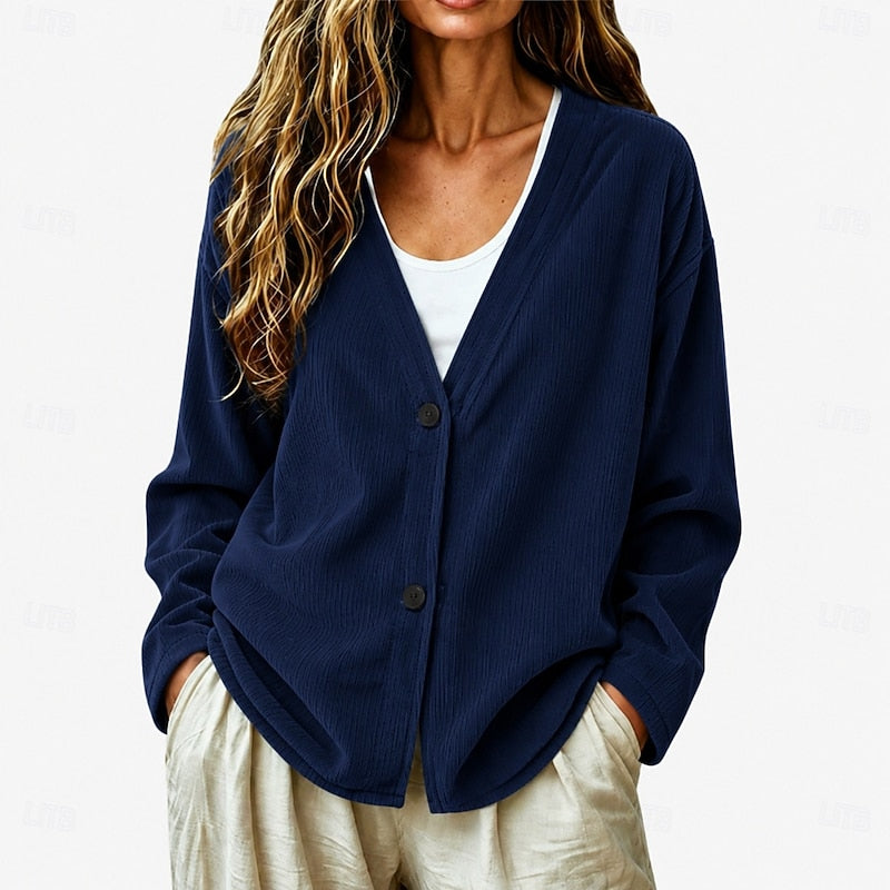 Ribbed Knit Button Cardigan V-Neck Women's Light Blue Relaxed Fit – Casual, Office