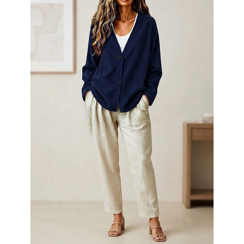 Ribbed Knit Button Cardigan V-Neck Women's Light Blue Relaxed Fit – Casual, Office