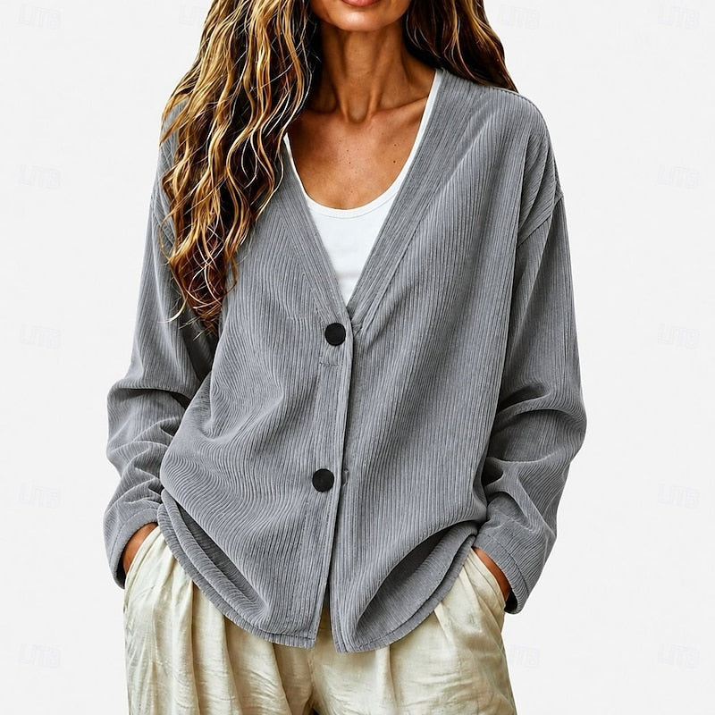 Ribbed Knit Button Cardigan V-Neck Women's Light Blue Relaxed Fit – Casual, Office