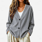 Ribbed Knit Button Cardigan V-Neck Women's Light Blue Relaxed Fit – Casual, Office