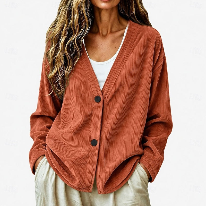 Ribbed Knit Button Cardigan V-Neck Women's Light Blue Relaxed Fit – Casual, Office
