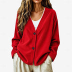 Ribbed Knit Button Cardigan V-Neck Women's Light Blue Relaxed Fit – Casual, Office