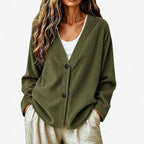 Ribbed Knit Button Cardigan V-Neck Women's Light Blue Relaxed Fit – Casual, Office