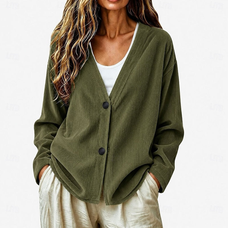 Ribbed Knit Button Cardigan V-Neck Women's Light Blue Relaxed Fit – Casual, Office