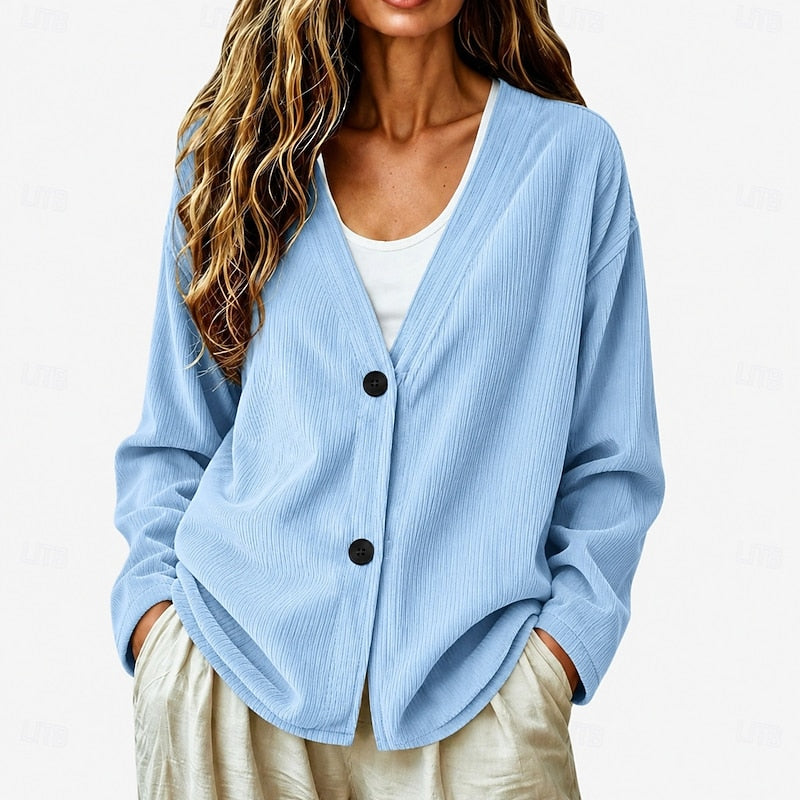 Ribbed Knit Button Cardigan V-Neck Women's Light Blue Relaxed Fit – Casual, Office