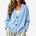 Ribbed Knit Button Cardigan V-Neck Women's Light Blue Relaxed Fit – Casual, Office
