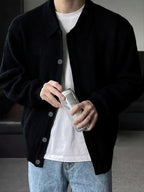 Ribbed Knit Cardigan Men's Black Button-Up Collared Sweater – Casual, Office · Faylori