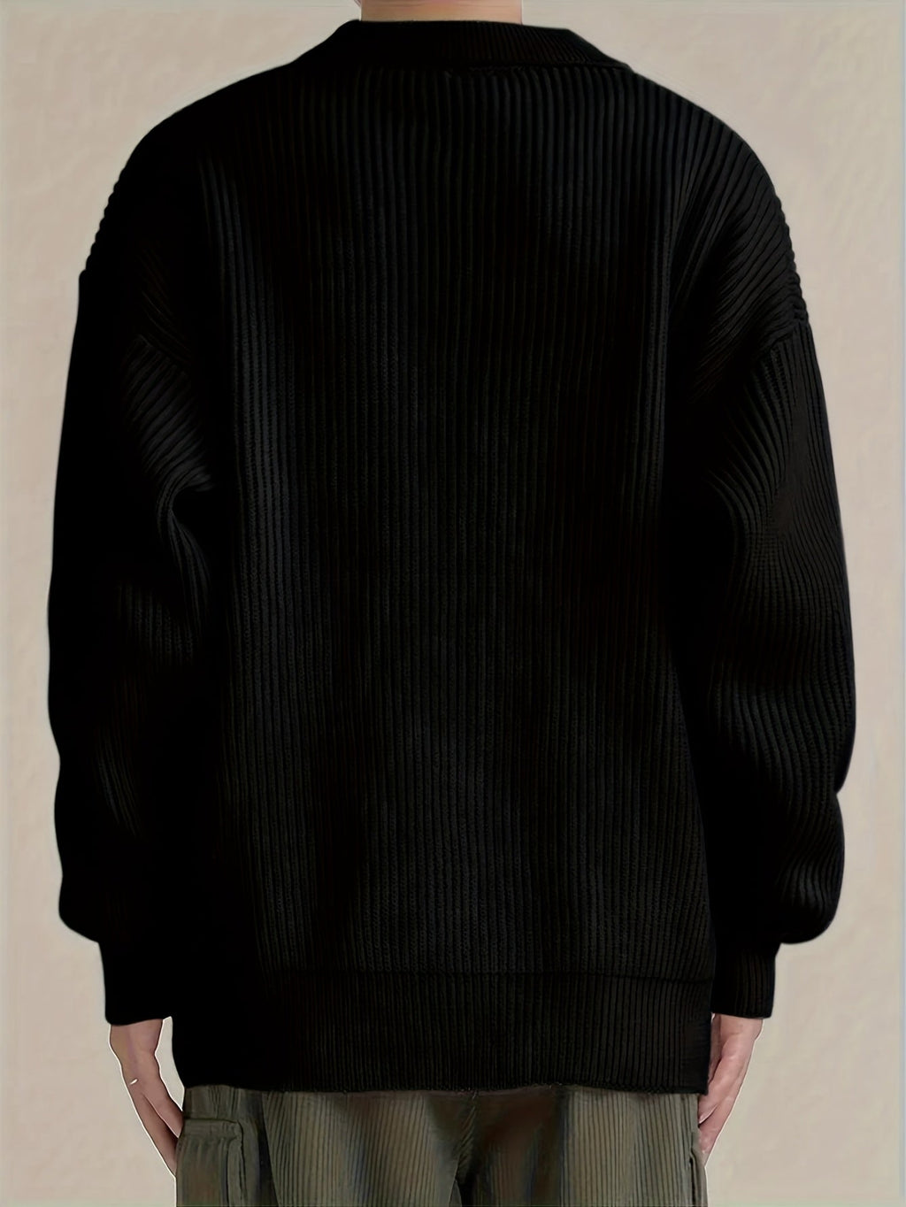 Ribbed Knit Cardigan Men's Black Button-Up Collared Sweater – Casual, Office · Faylori