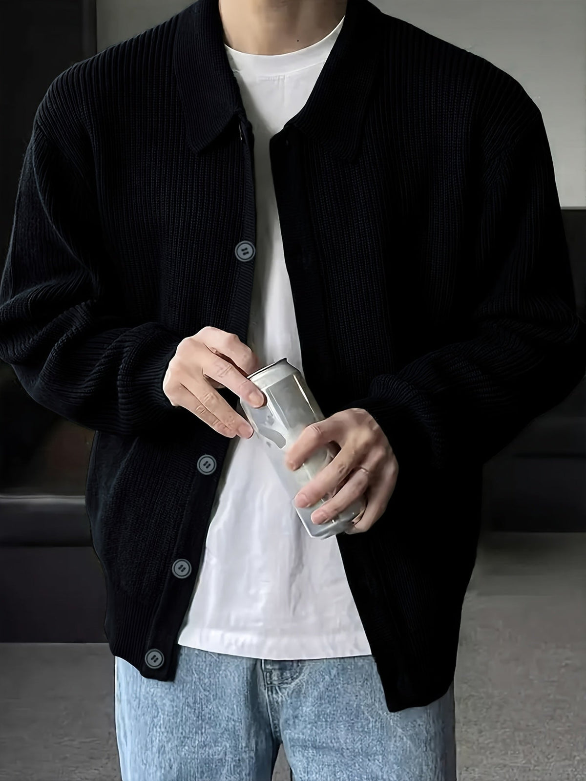 Ribbed Knit Cardigan Men's Black Collared Button-Up – Casual, Office · Faylori