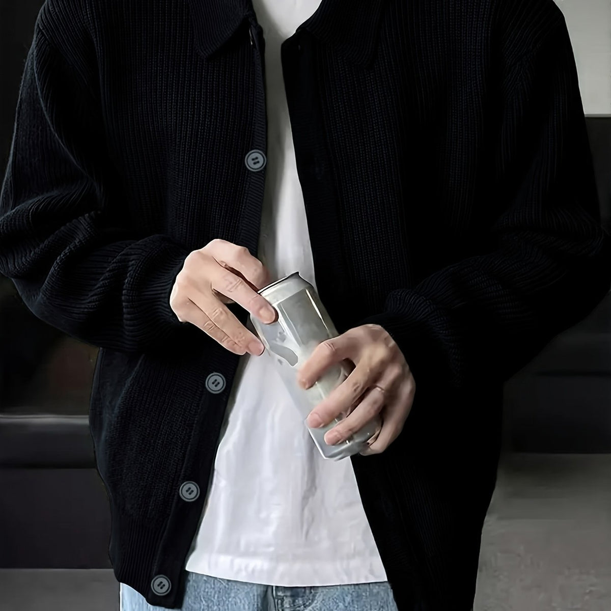 Ribbed Knit Cardigan Men's Black Collared Button-Up – Casual, Office · Faylori