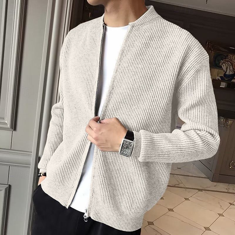 Ribbed Knit Cardigan Men's Gray Zip-Front Stand Collar Sweater Jacket – Casual, Office