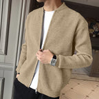 Ribbed Knit Cardigan Men's Gray Zip-Front Stand Collar Sweater Jacket – Casual, Office