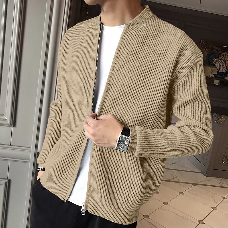 Ribbed Knit Cardigan Men's Gray Zip-Front Stand Collar Sweater Jacket – Casual, Office