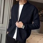 Ribbed Knit Cardigan Men's Gray Zip-Front Stand Collar Sweater Jacket – Casual, Office