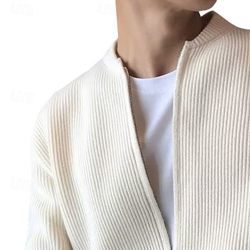 Ribbed Knit Cardigan Men's Gray Zip-Front Stand Collar Sweater Jacket – Casual, Office